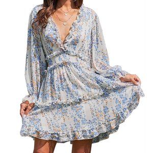 Women's Boho Floral V Neck Puff Long Sleeve Ruffle Chiffon Flowy Dress Summer